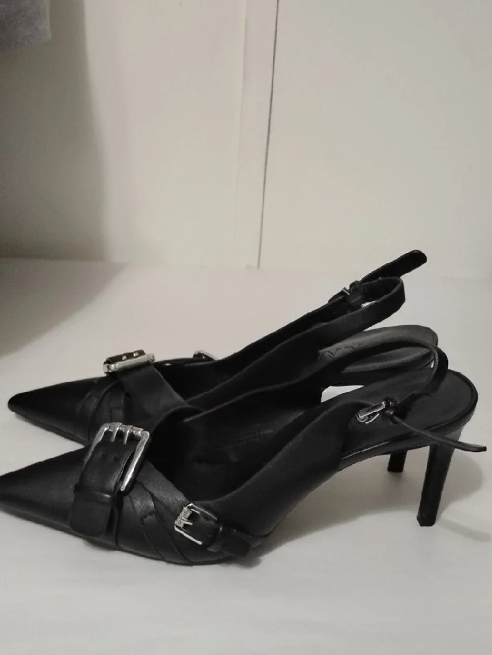 DKNY Black Pointed Slingback Heels with Silver Buckle Accent